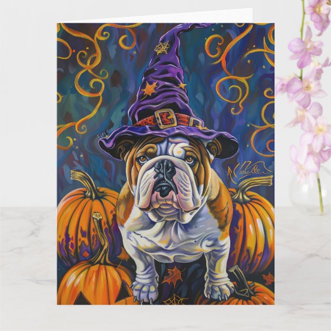 Spooky Bulldog Halloween Witch And Pumpkin Card (Orchid)