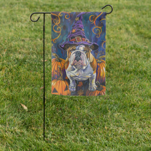 Spooky Bulldog Halloween Witch And Pumpkin Garden Flag