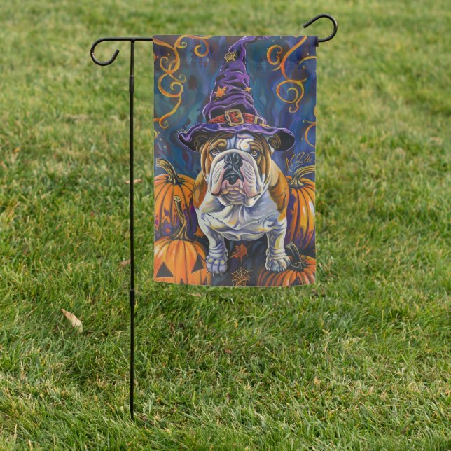 Spooky Bulldog Halloween Witch And Pumpkin Garden Flag (In SItu)
