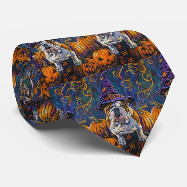 Spooky Bulldog Halloween Witch And Pumpkin Neck Tie (Rolled)