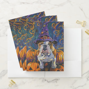 Spooky Bulldog Halloween Witch And Pumpkin Pocket Folder