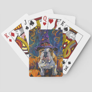 Spooky Bulldog Halloween Witch And Pumpkin Poker Cards