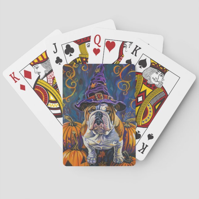 Spooky Bulldog Halloween Witch And Pumpkin Poker Cards (Back)