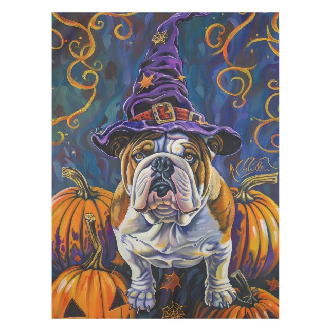 Spooky Bulldog Halloween Witch And Pumpkin Tablecloth (Front)