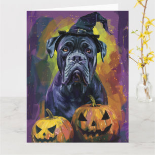 Spooky Bullmastiff Dog Halloween Witch And Pumpkin Card
