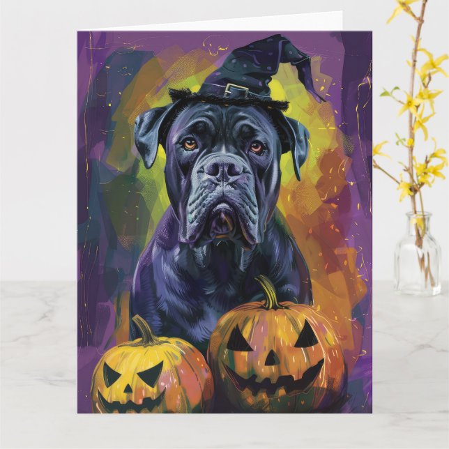 Spooky Bullmastiff Dog Halloween Witch And Pumpkin Card (Yellow Flower)