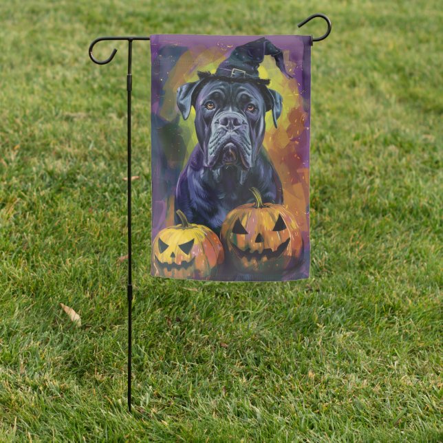 Spooky Bullmastiff Dog Halloween Witch And Pumpkin Garden Flag (In SItu)
