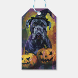Spooky Bullmastiff Dog Halloween Witch And Pumpkin Gift Tags