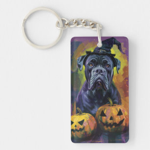 Spooky Bullmastiff Dog Halloween Witch And Pumpkin Keychain