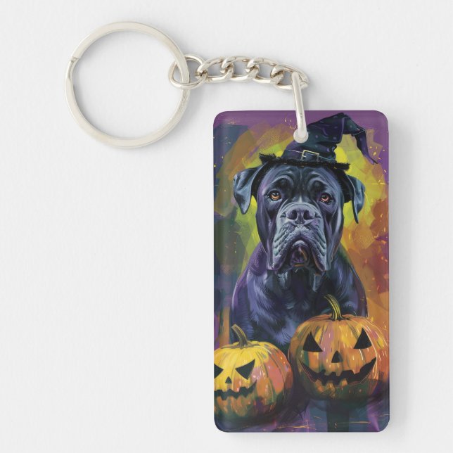 Spooky Bullmastiff Dog Halloween Witch And Pumpkin Keychain (Front)