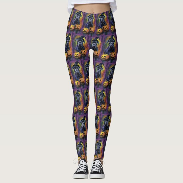 Spooky Bullmastiff Dog Halloween Witch And Pumpkin Leggings (Front)