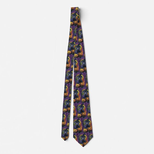 Spooky Bullmastiff Dog Halloween Witch And Pumpkin Neck Tie (Back)