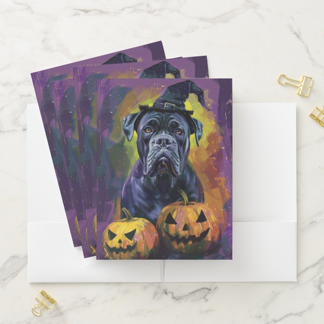 Spooky Bullmastiff Dog Halloween Witch And Pumpkin Pocket Folder (In Situ)