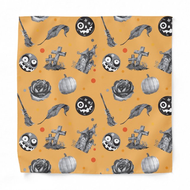 Spooky burnt orange Halloween patterned  Bandana (Front)