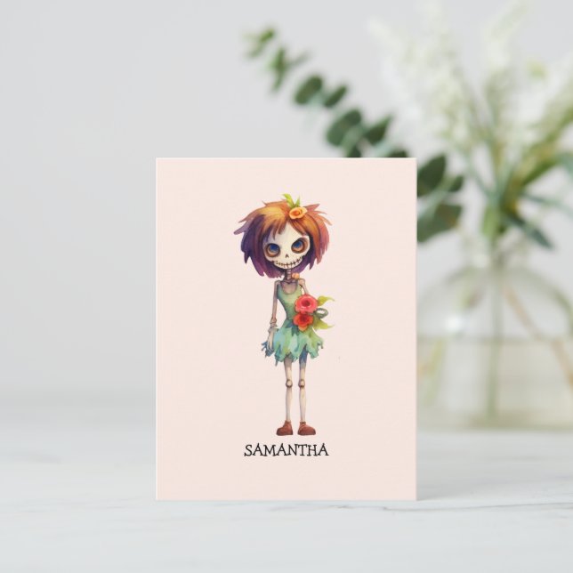 Spooky But Cute Zombie Kid – Adorable Macabre Postcard (Standing Front)