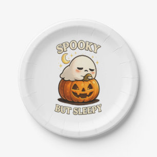 Spooky But Sleepy Cute Ghost Pumpkin Halloween Art Paper Plates