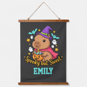 Spooky but Sweet Capybara Witch Halloween Hanging Tapestry