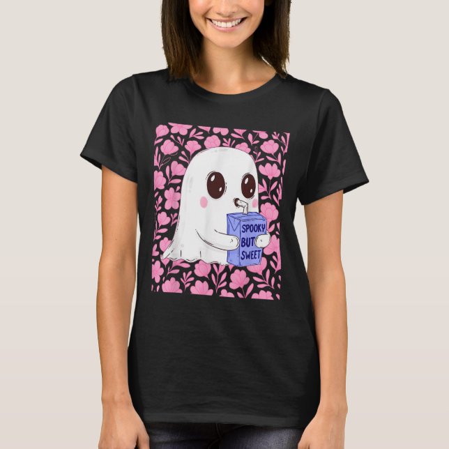 Spooky But Sweet Cute Ghost With Floral Halloween  T-Shirt (Front)