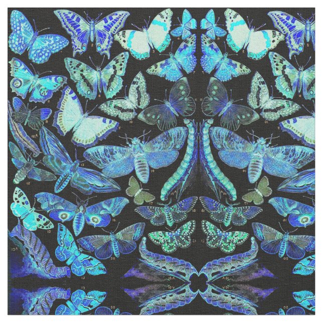 Spooky Butterflies Moths Blue Black Fabric (Close Up)