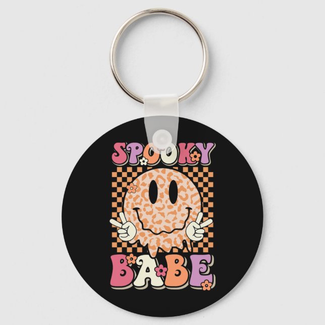 Spooky Bybe Groovy Halloween Leopard Smile Face Ch Keychain (Front)