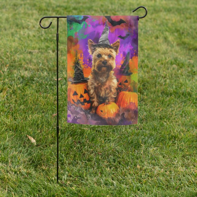 Spooky Cairn Terrier Dog Halloween Witch Pumpkin  Garden Flag (In SItu)