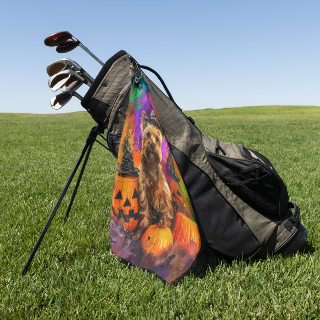 Spooky Cairn Terrier Dog Halloween Witch Pumpkin  Golf Towel (Green)