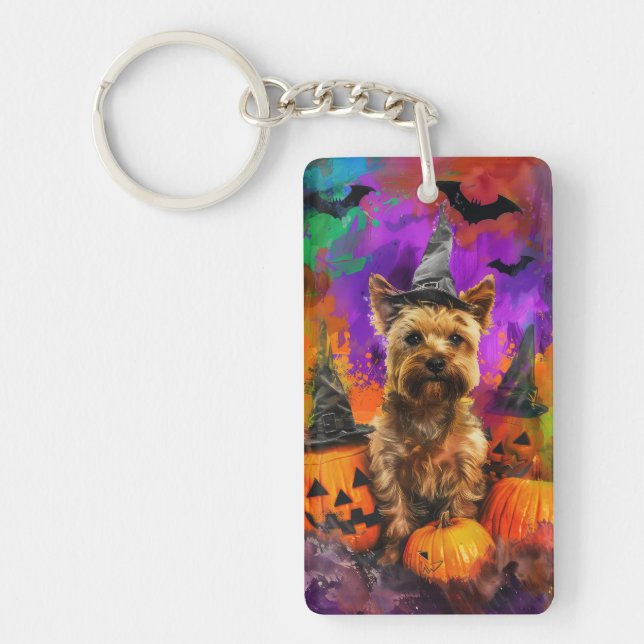 Spooky Cairn Terrier Dog Halloween Witch Pumpkin  Keychain (Front)
