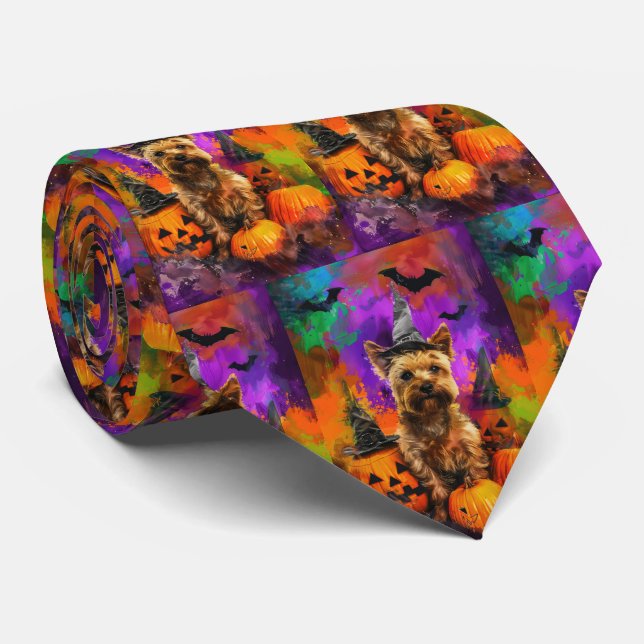 Spooky Cairn Terrier Dog Halloween Witch Pumpkin  Neck Tie (Rolled)