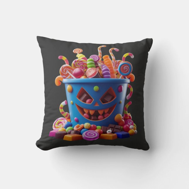 Spooky Candy Bucket – Halloween Treats Throw Pillow (Front)