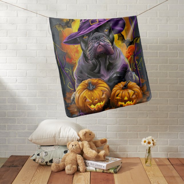 Spooky Cane Corso Dog Halloween Witch And Pumpkin Baby Blanket (In Situ)