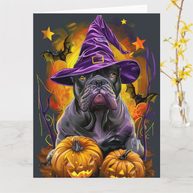 Spooky Cane Corso Dog Halloween Witch And Pumpkin Card (Yellow Flower)