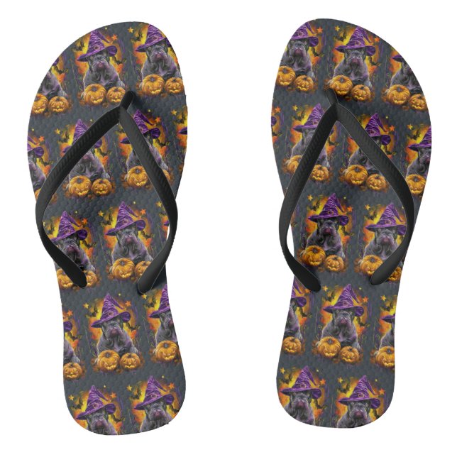 Spooky Cane Corso Dog Halloween Witch And Pumpkin Flip Flops (Footbed)