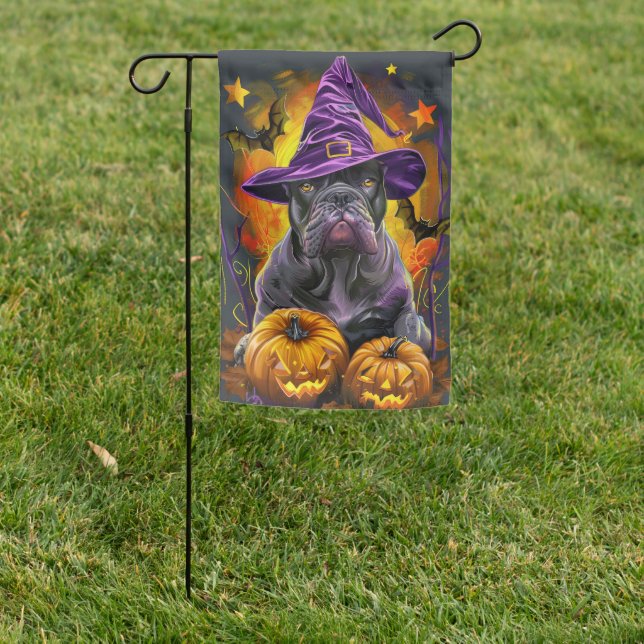 Spooky Cane Corso Dog Halloween Witch And Pumpkin Garden Flag (In SItu)