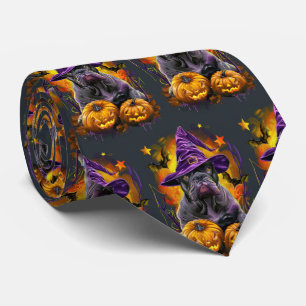 Spooky Cane Corso Dog Halloween Witch And Pumpkin Neck Tie