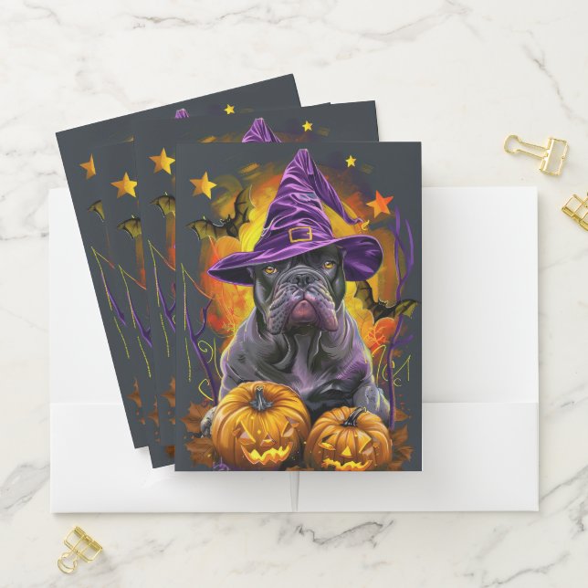 Spooky Cane Corso Dog Halloween Witch And Pumpkin Pocket Folder (In Situ)