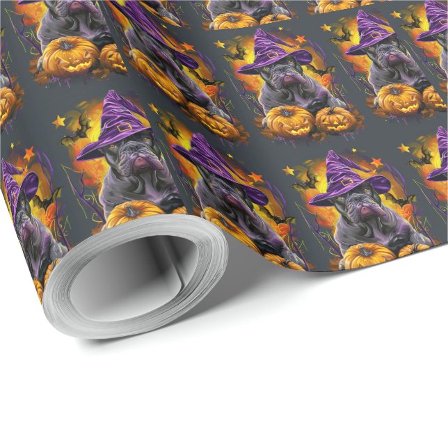 Spooky Cane Corso Dog Halloween Witch And Pumpkin Wrapping Paper (Roll Corner)