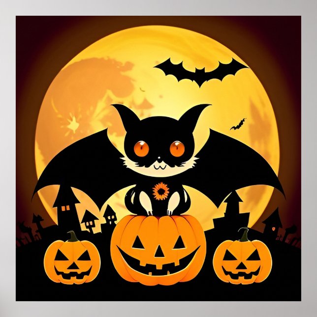 Spooky Cartoon Bats Pumpkins Moon Halloween Night Poster (Front)