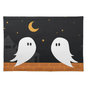 Spooky cartoon ghosts in town halloween night cloth placemat