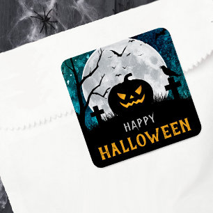 Spooky Carved Pumpkin Graveyard Halloween Party Square Sticker