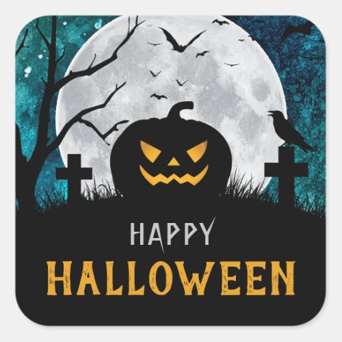 Spooky Carved Pumpkin Graveyard Halloween Party Square Sticker