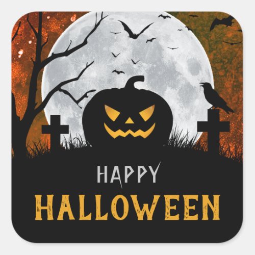 Spooky Carved Pumpkin Graveyard Halloween Party Square Sticker