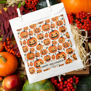 Spooky Carved Pumpkins & Fall Leaves Halloween Favor Bag