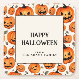 Spooky Carved Pumpkins & Fall Leaves Halloween Square Paper Coaster