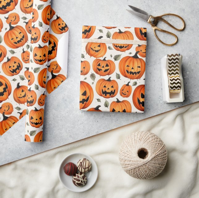 Spooky Carved Pumpkins & Fall Leaves Halloween Wrapping Paper (Crafts)