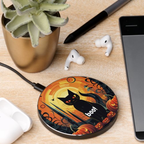 Spooky Cat and Pumpkin Delight Abstract Halloween Wireless Charger