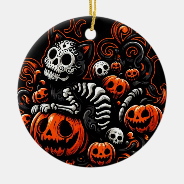 Spooky Cat and Pumpkins Ceramic Ornament (Front)