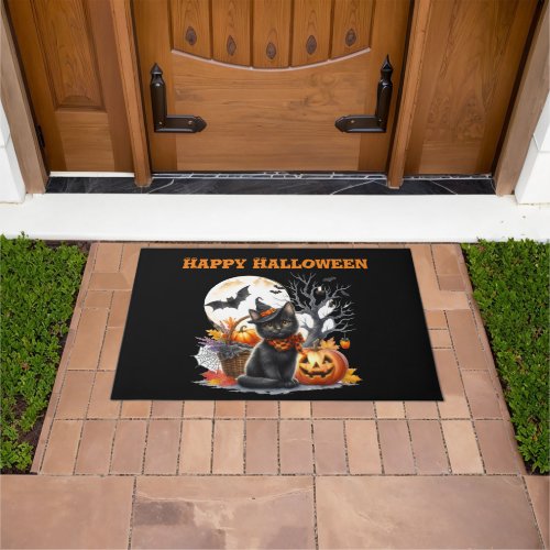 Spooky Cat and Pumpkins Halloween Door Mat