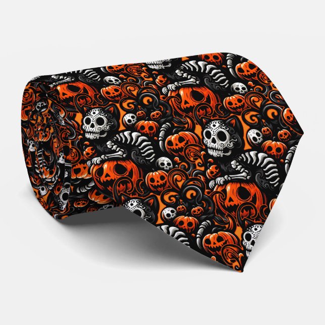 Spooky Cat and Pumpkins Neck Tie (Rolled)