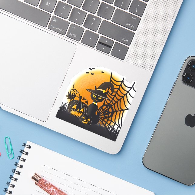 Spooky cat and spider Halloween Sticker (Laptop w/ iPhone)