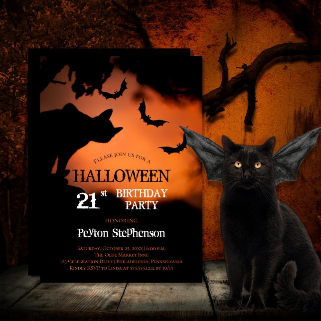 Spooky Cat | Bats Halloween 21st Birthday Party Invitation (Spooky black cat and bats against an orange sky Halloween 21st Birthday Party Invitation)